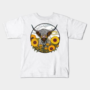 Sunflower Stained Glass Highland Cow #3 Kids T-Shirt